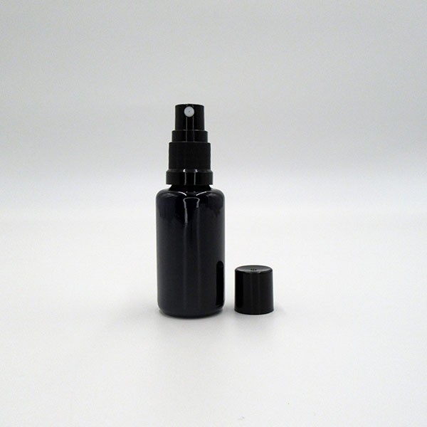 Pack Flacon goutte verre violet Miron 30ml et pompe spray noir din18