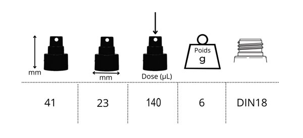 Tableau dimension pompe spray noir din18 modele hl dose 140mcl